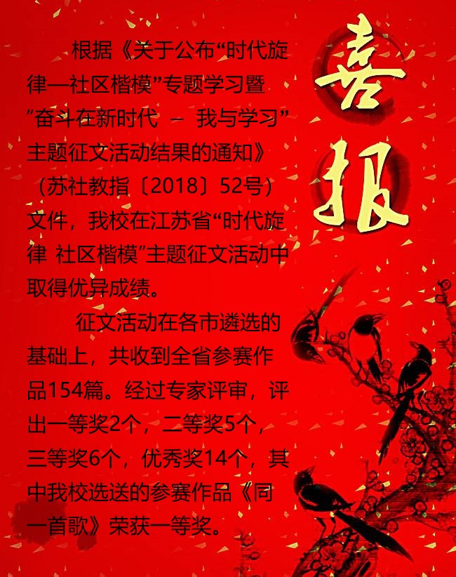 喜报：我校在江苏省“时代旋律 社区楷模”主题征文活动中获优异成绩