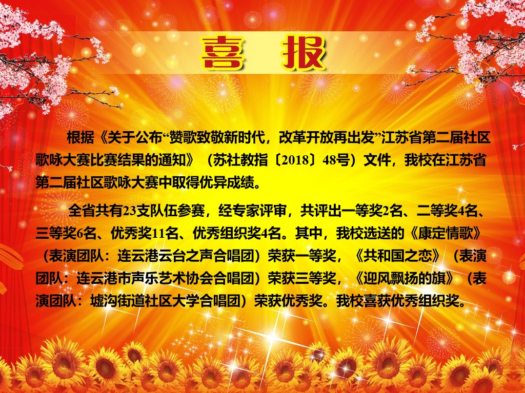 喜报：我校在江苏省第二届社区歌咏大赛中取得优异成绩